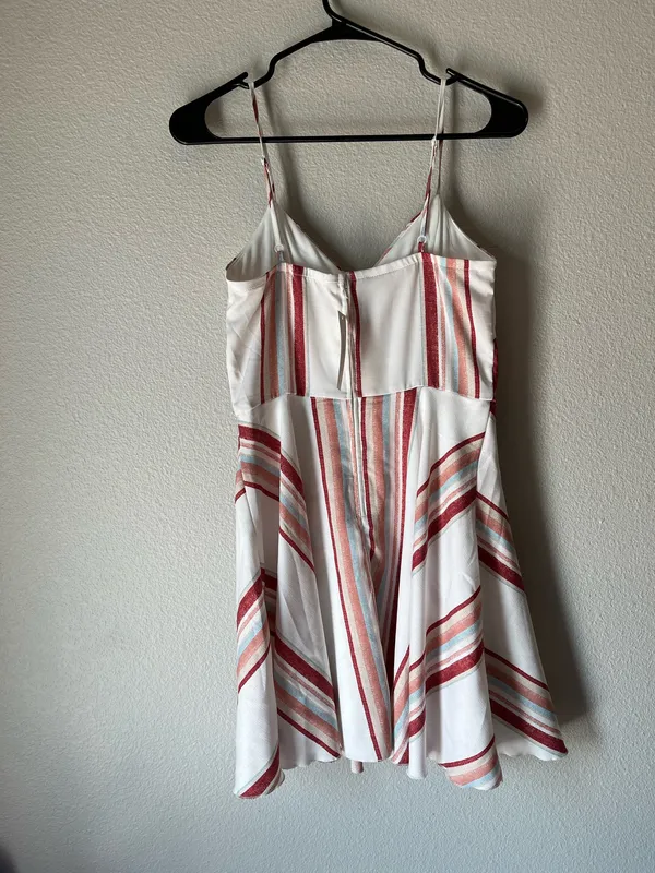 Francesca's White Striped Summer Dress with Rust & Teal Accents - Image 2