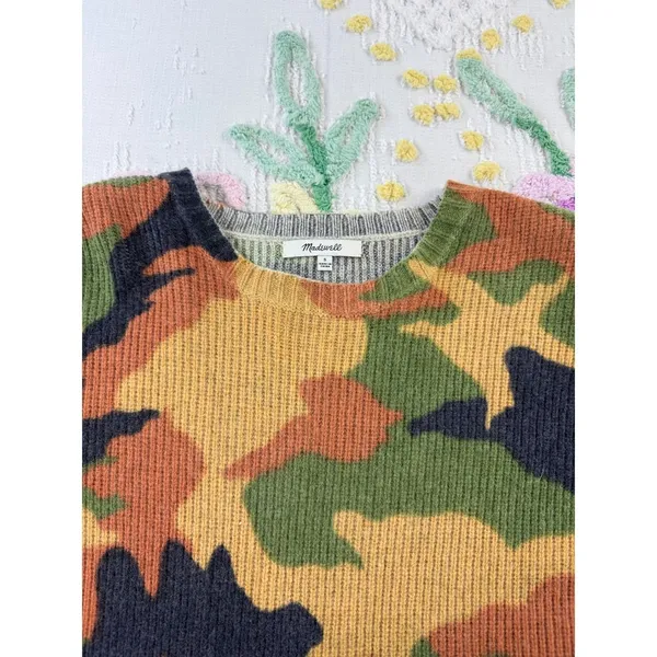 Madewell Merino Wool Camo Bell Sleeve Sweater Womens Small Green‎ Orange G2348 - Image 5