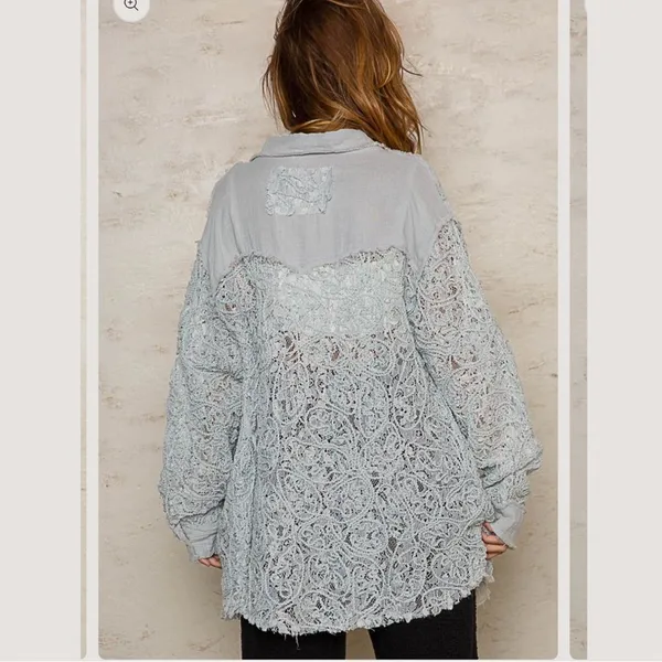 POL Oversized Lace Gauze Button Down Shirt Top Size Large - Image 2