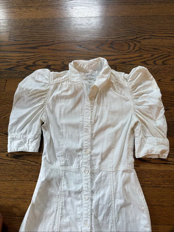 FRAME DENIM Button-Front White Puff-Sleeve cotton denim Dress, xS - Image 2