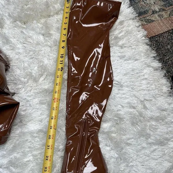 Steve Madden Viktory Cognac Patent faux leather sock Over The Knee 4” Stiletto Heel Boots Size 8M Excellent condition-worn once - Image 5