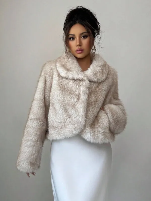 Lux Faux Fur Cropped Jacket in Light Taupe - Image 3