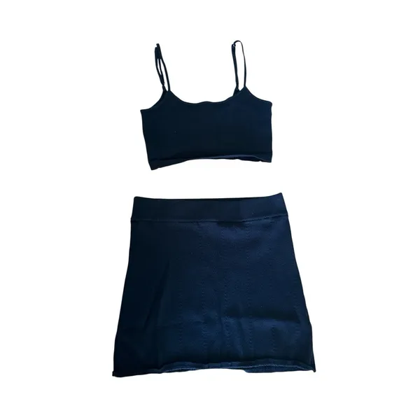 Intimately Free People 90s Babe Knit 2 Piece Set Medium Black Crop Top & Skirt‎ - Image 2