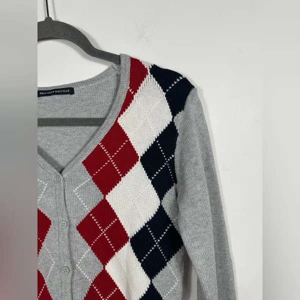 Brandy‎ Melville Elizabeth Argyle Cropped Cardigan Gray Red Navy Size Small - Image 4