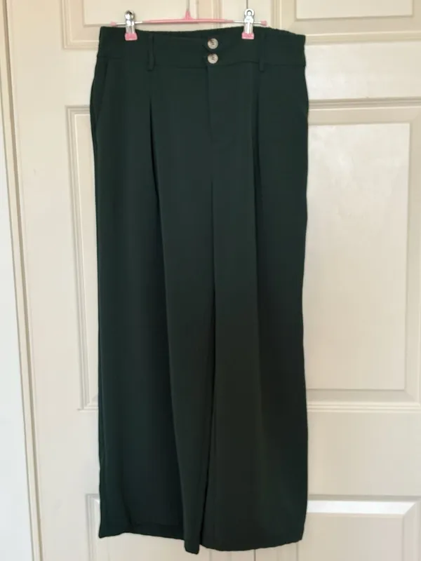 Women's High Waisted Dark Green Wide Leg Pants Double Button Pleated Dress - Image 2