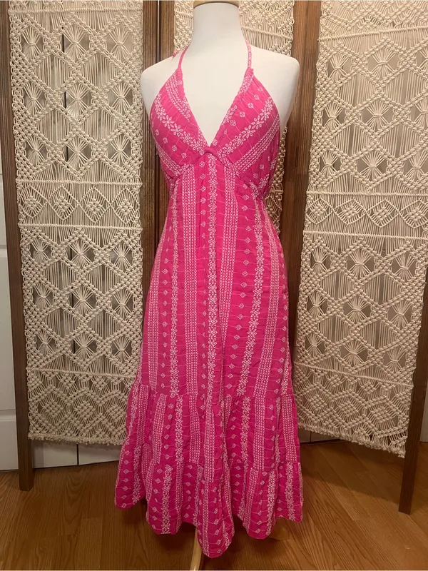 Zara Hot Pink Halter-Style Maxi Dress with White Print - Image 2