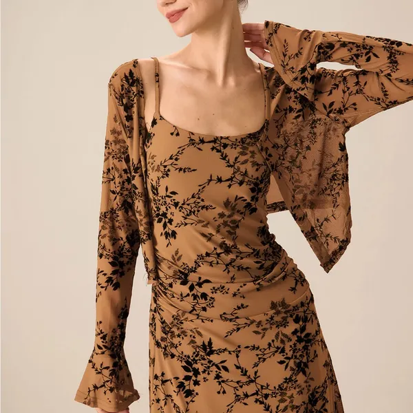 Rihoas Brown Floral Two-piece Midi Dress - Image 2