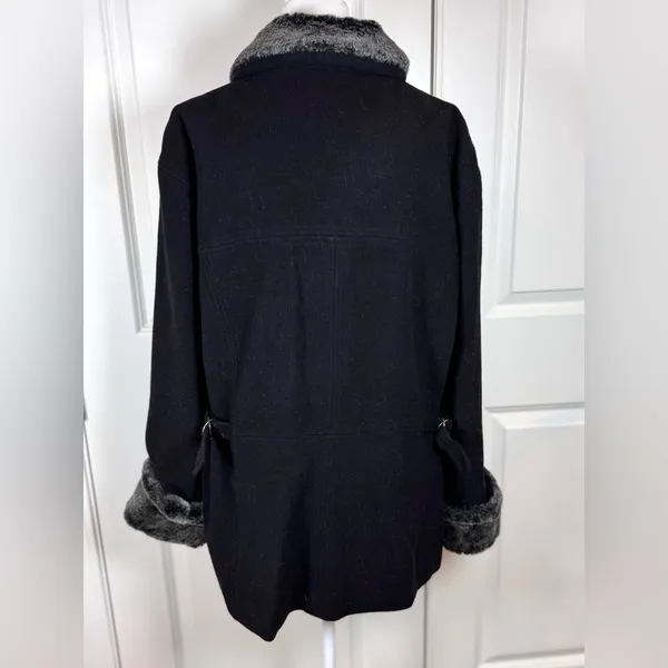 Vintage Andrea Wool Faux Fur Collar Swing Coat Black Car Coat Women L - Image 2