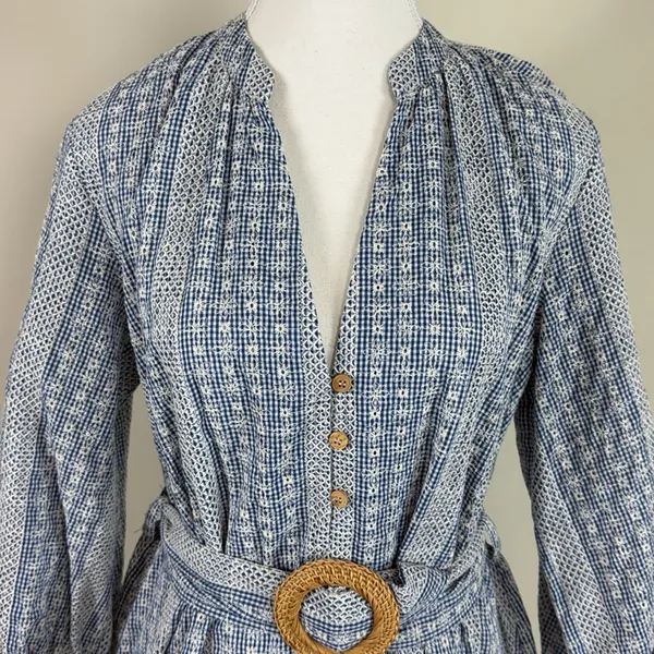ZARA Crochet Daisy Blue &‎ White Gingham Rattan Belted Mini Dress Size Med - Image 5
