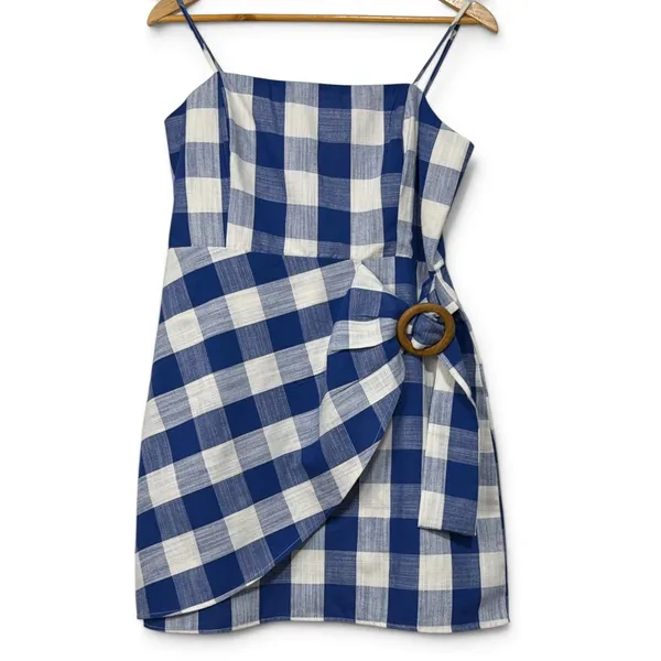 Blue Pepper Blue White Gingham Mini Wrap Dress Wooden Buckle Summer Picnic L - Image 3