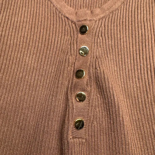 The Work Shop Brown Ribbed Long Sleeve Henley Top V-Neck Gold‎ Buttons M - Image 2