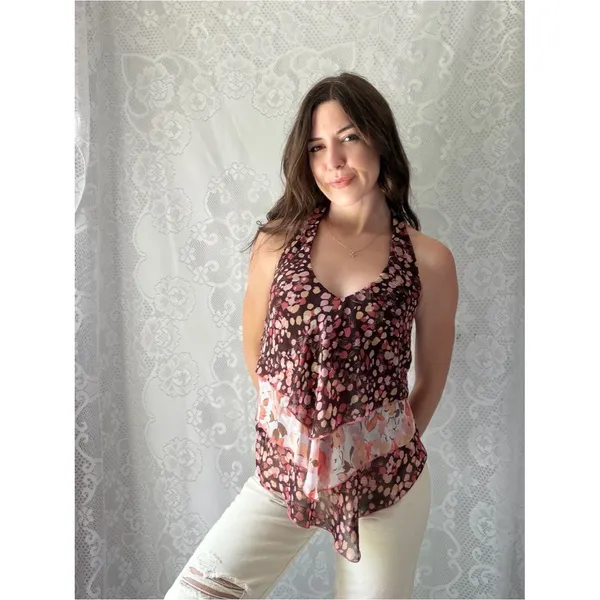 Frederick’s Of Hollywood Floral Handkerchief Halter Tank Top Y2K Large - Image 2