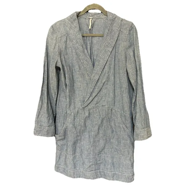 Free People “Done Up In Denim” Sz Small Blue Mini Dress Deep V Shawl Collar Boho - Image 4