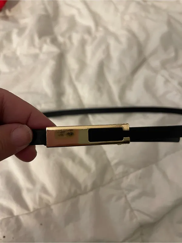 Black Skinny Belt with Gold Rectangular Buckle - Image 2