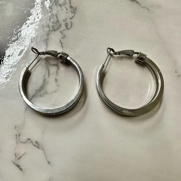 Silver tone double hoop earrings - Image 3