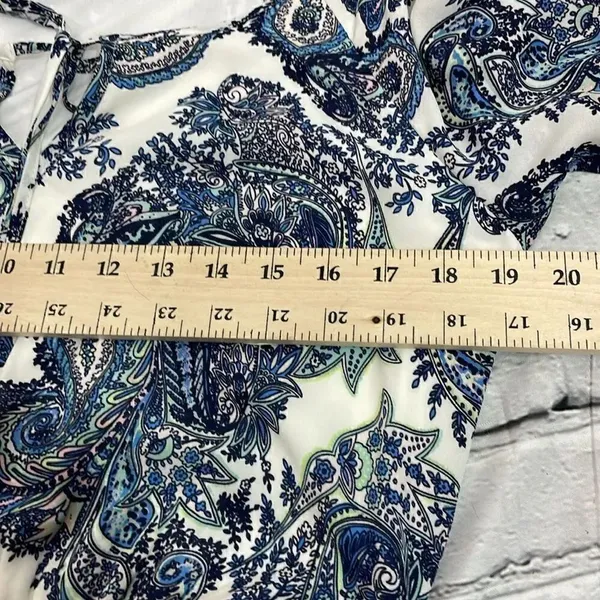 DR2 by Daniel Rainn Blue White Paisley Shift Dress Tassel Tie Neck Split MEDIUM - Image 15