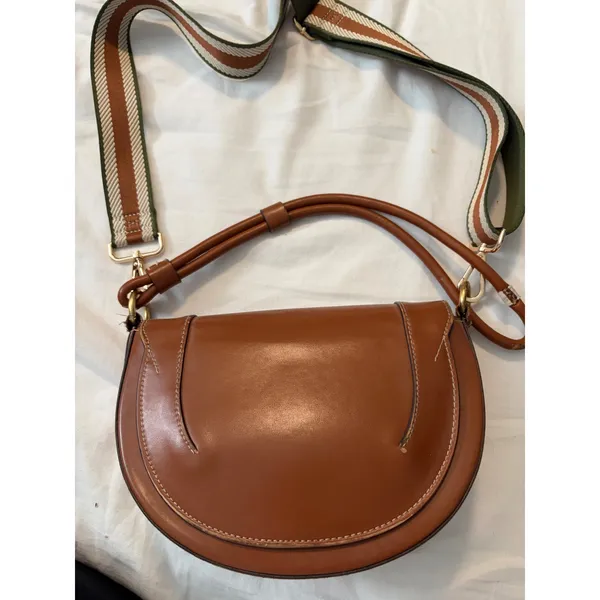 Saddle Bag Crossbody Cognac‎ Brown Striped Webbing Strap Boho Chic Handbag - Image 4