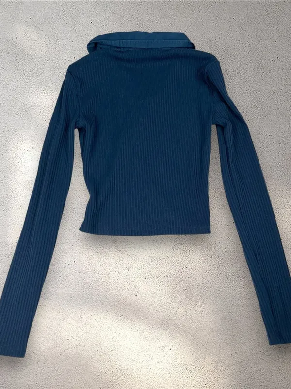 GUESS Lace-Up Collared Crop Top Women's XS Navy Ribbed Long Sleeve Y2K Cybercore - Image 4