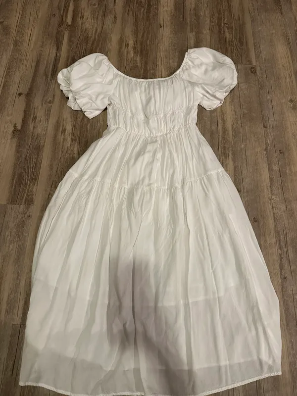 Off Shoulder Puff Short Sleeve High Waist Ruffled Flowy A Line Beach Party Midi Dress - Image 3