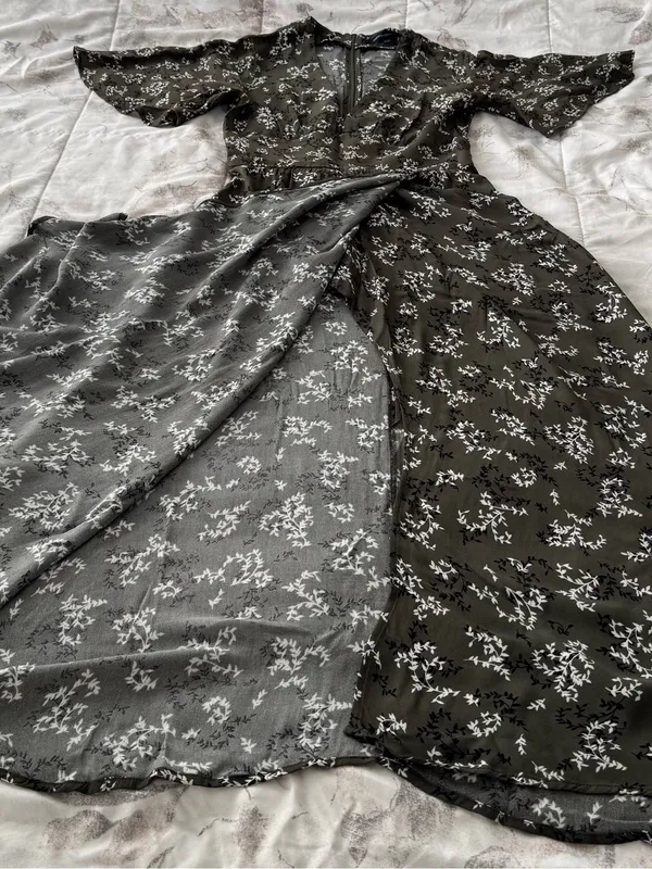French Connection charcoal grey Floral Maxi Dress, size 2 faux wrap V-neck chic - Image 6