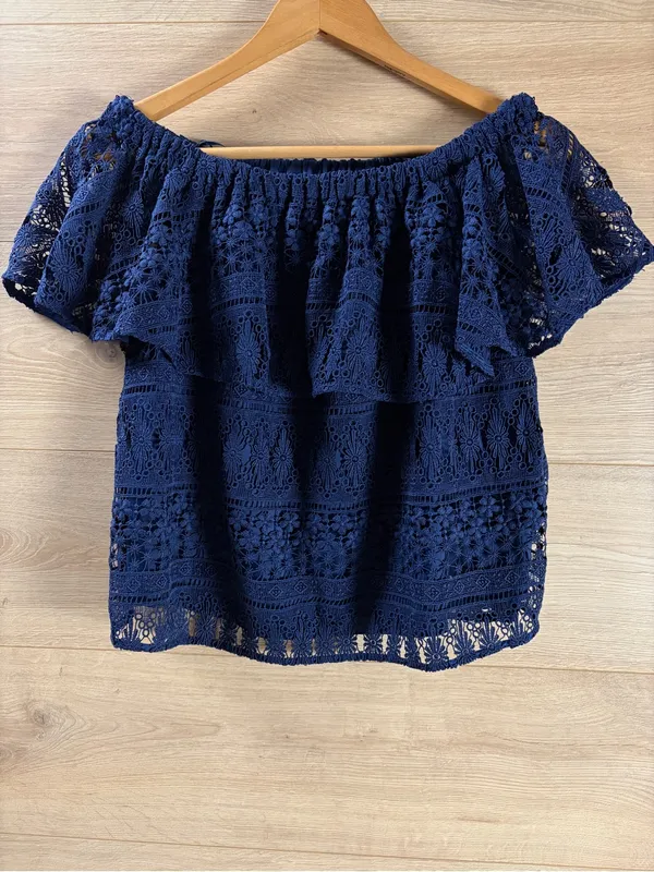 LIKELY Off-Shoulder Navy Lace Top XS - Image 3
