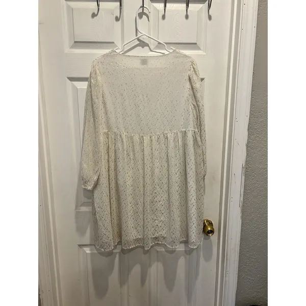 Aritzia Sunday Best White Gold Metallic Foil Dot Babydoll Mini Dress Womens‎ L - Image 7