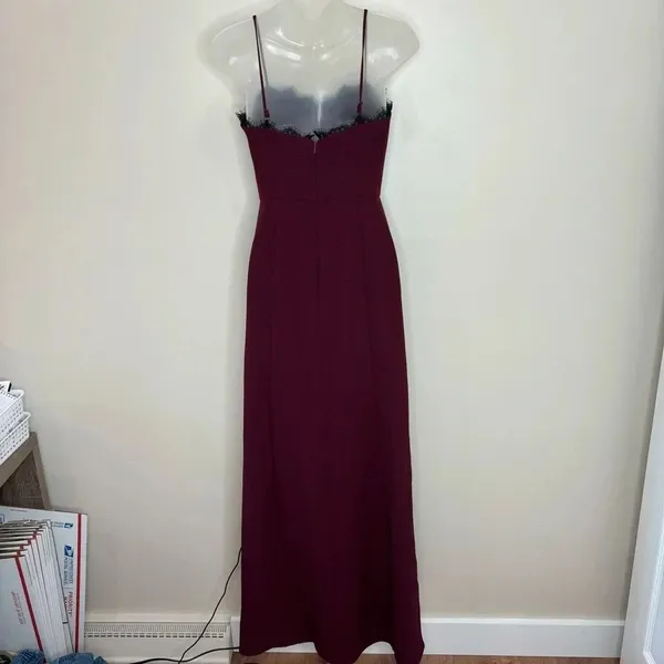 Wayf The Mia Lace Trim Front Slit Gown In Cabernet red burgundy black size XS - Image 9