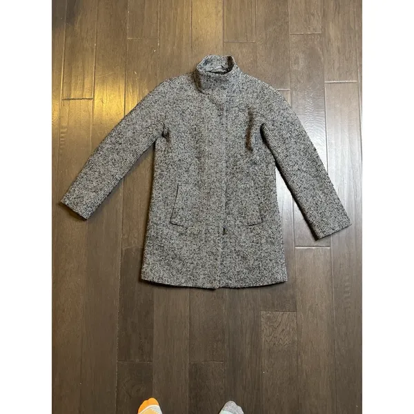 J Crew Tweed‎ Coat Women Size 0 Black White Long Wool Blend Walker Pea - Image 2
