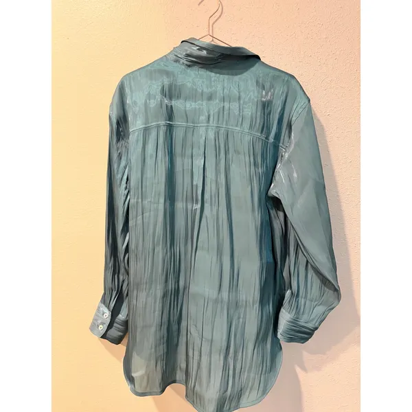 Anthropologie Blouse Women Large Teal Green Button Down Satin Finish Relaxed Top - Image 10