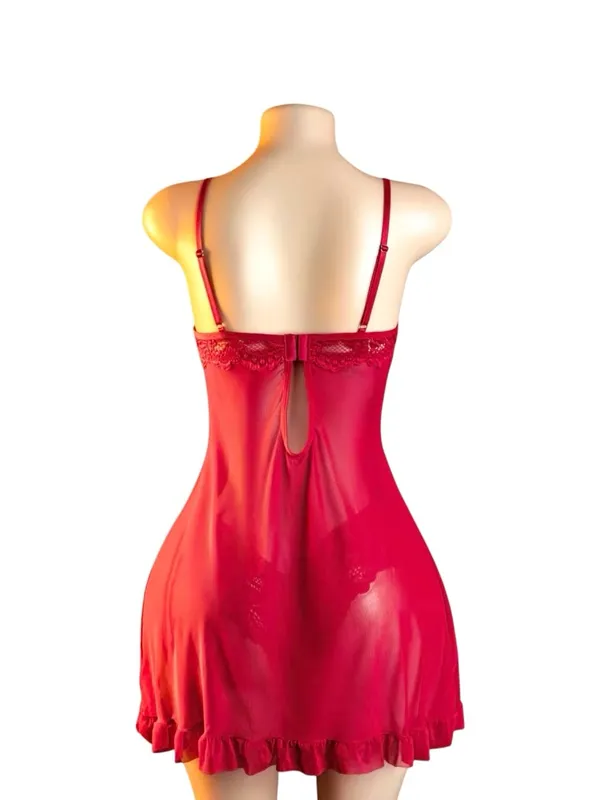 Sexy Red Lace Babydoll Lingerie Set Sheer Chemise Nightwear Sleepwear Women - Image 3