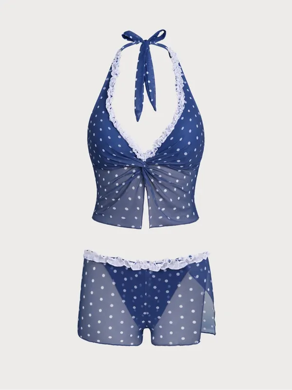 Samiol 3-piece Navy Polka Dot Halter Tankini Set with Ruffle Trim - Image 7