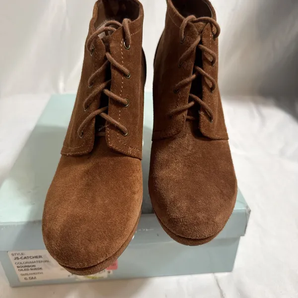 Jessica Simpson JS Catcher Ankle Boots Womens 6.5M Bourbon Oiled Sued 4” Wedge - Image 3