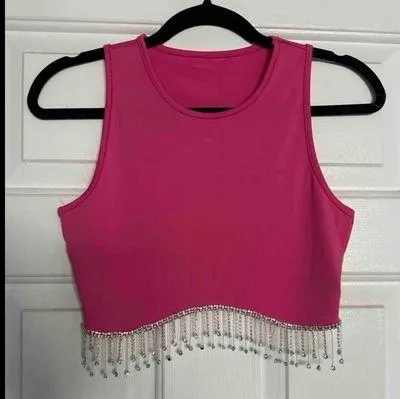 Black Rhinestone Fringe Hem Tank Top Size L - Image 7