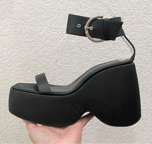 NASTY GAL Black Satin Ankle Strap Buckle Chunky Wedge Platform Sandals Size 8 - Image 6