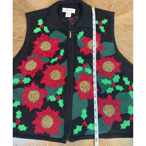 Bechamel Christmas Sweater Vest Large Black Poinsettia Holly Zip Up Knit - Image 6