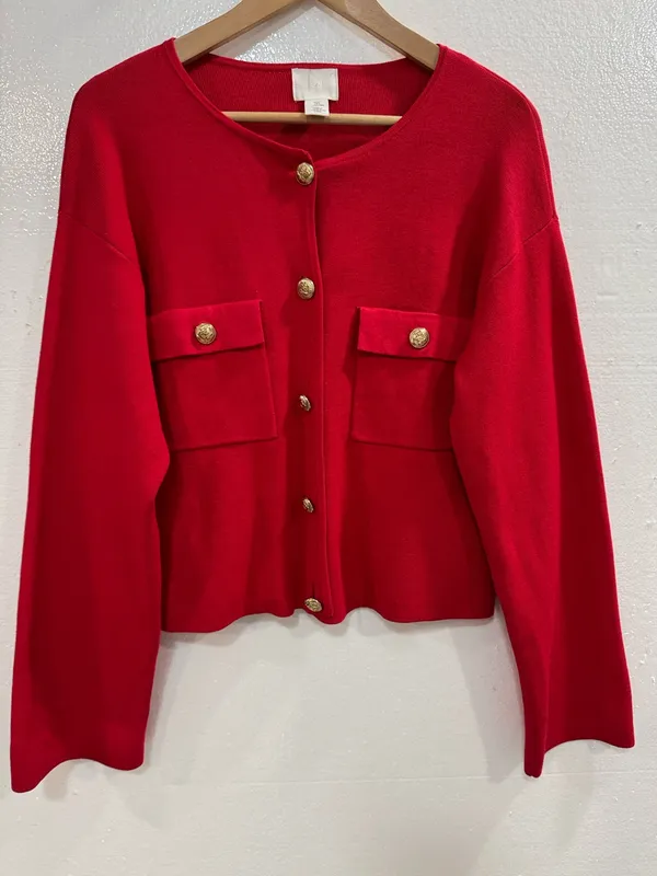 H&M Red Knit Cardigan Sweater Gold Button Front Women’s Size S Classic - Image 2