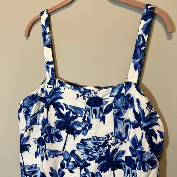 LOFT Blue White Mediterranean European Toile Linen Blend Mini Dress Palm Tree 14 - Image 2