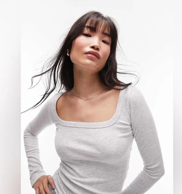 Topshop Women’s square neck ribbed long sleeve top in gray heather - Image 2