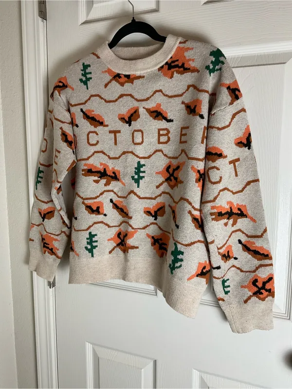 Vintage Style October Fall Sweater Beige Orange Leaves Trees Crewneck Medium / L - Image 2