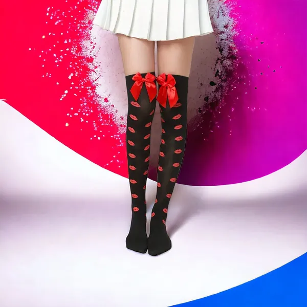 Lips Kiss Mesh Thigh High Stockings Bow Decor Valentines Day Over The Knee Socks - Image 10