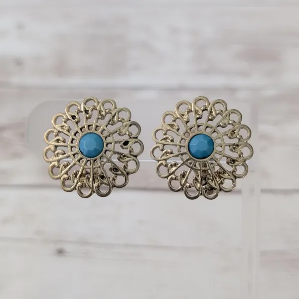 Vintage Clip On Earrings Ornate Gold Tone with Turquoise Tone Center Large - Image 2