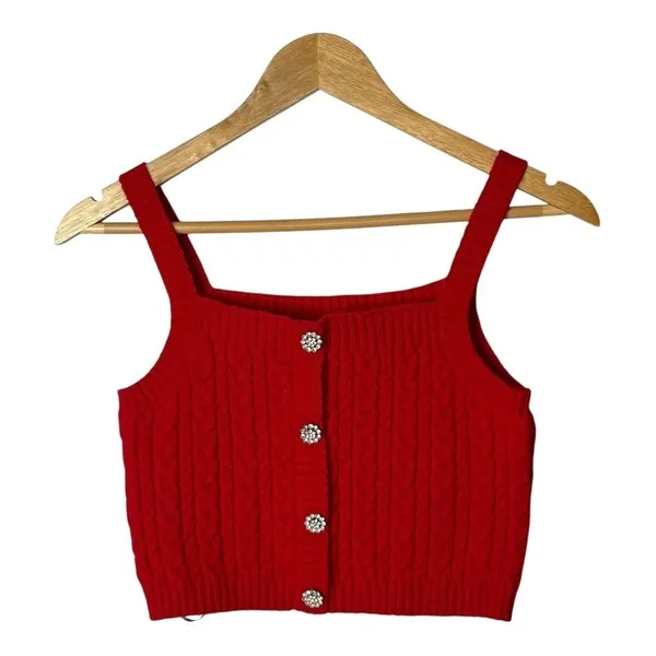 Papaya Red Cable‎ Knit Crop Tank Top Small Rhinestone Accents Camisole Y2K - Image 9