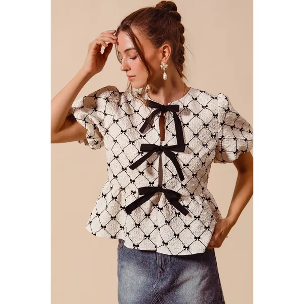 SO ME Bow Texture Woven Peplum Top With Contrast Tie - Ivory - Small - Image 5