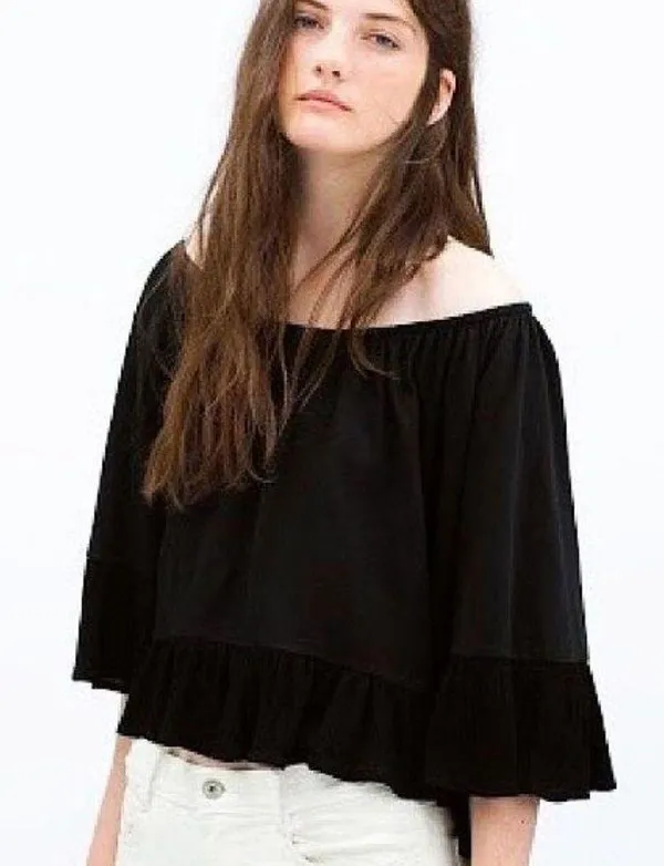 ZARA Ruffle Detail Off-The-Shoulder Top Black Relaxed Flowy Shoulderless Blouse - Image 3