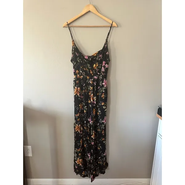 American Eagle Outfitters Black Tie Back Floral Pink Orange Jumpsuit Size L - Image 2