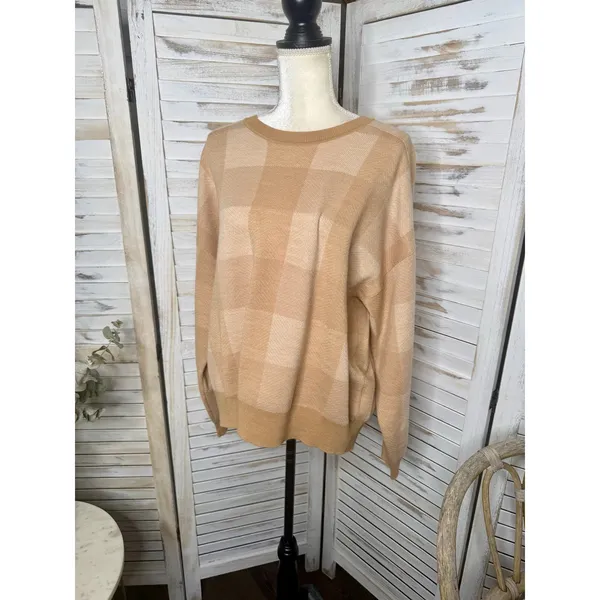 MADEWELL Women's XL Merinol Wool Windowpane Plaid Pullover Sweater Camel Tan - Image 6