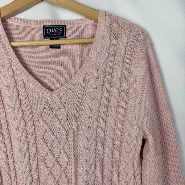 Chaps Light Pink Shimmer Metallic V-Neck‎ Cable Knit Sweater S - Image 3