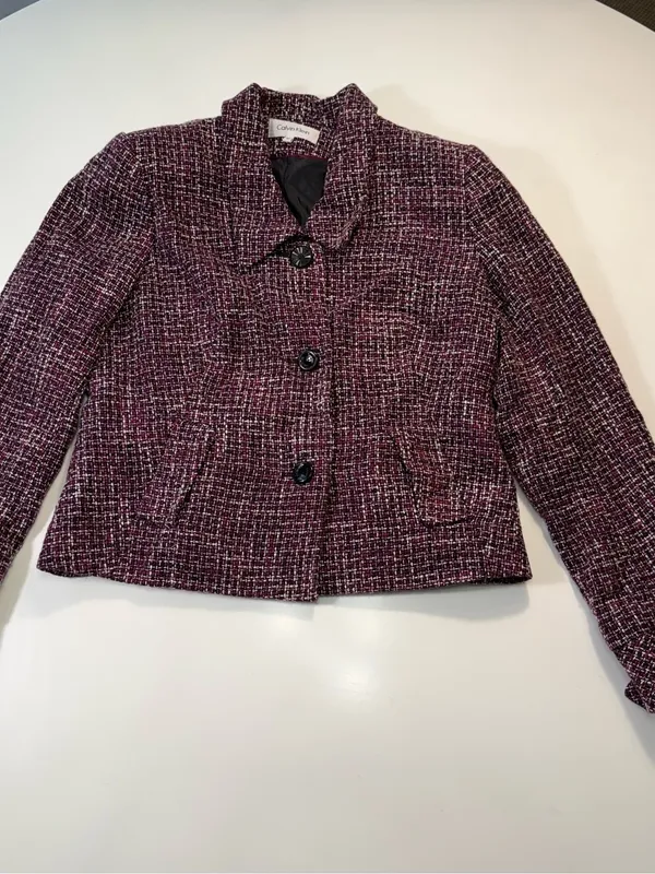 Calvin Klein Plum Tweed Jacket with Black Buttons Size 12 - Image 2