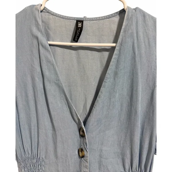 Zara Midi‎ Button UP Dress Lyocell Denim Lightweight V-Neck Women's Size Small - Image 3