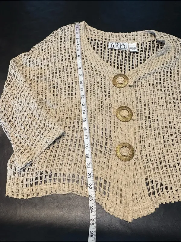 Keren Hart Beige Open Weave Crochet Cardigan L Boho Lagenlook Statement Buttons - Image 9